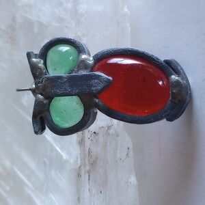 OWL PENDANT RED & GREEN BLOWN GLASS  HAND MADE BY ARTIST